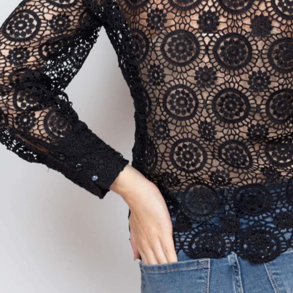 CALISTA Black Embroidered Crochet Long Sleeves Top - Picture 5 of 9